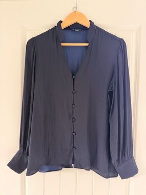 Ann Taylor Navy Button-Front Blouse